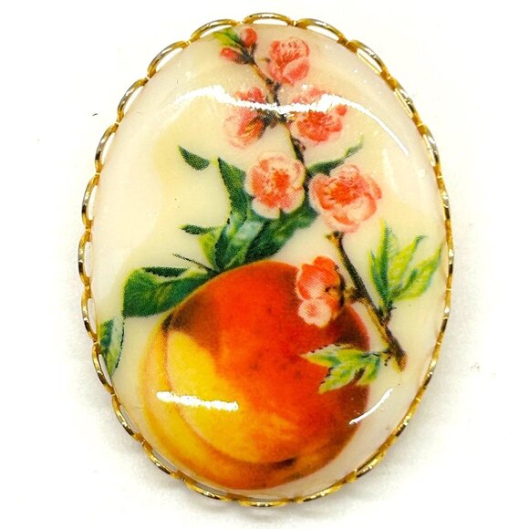 Estate Jewelry - Vintage Peach & Blossom Brooch Porcelain Cameo Fruit Gold-tone Scalloped Edge